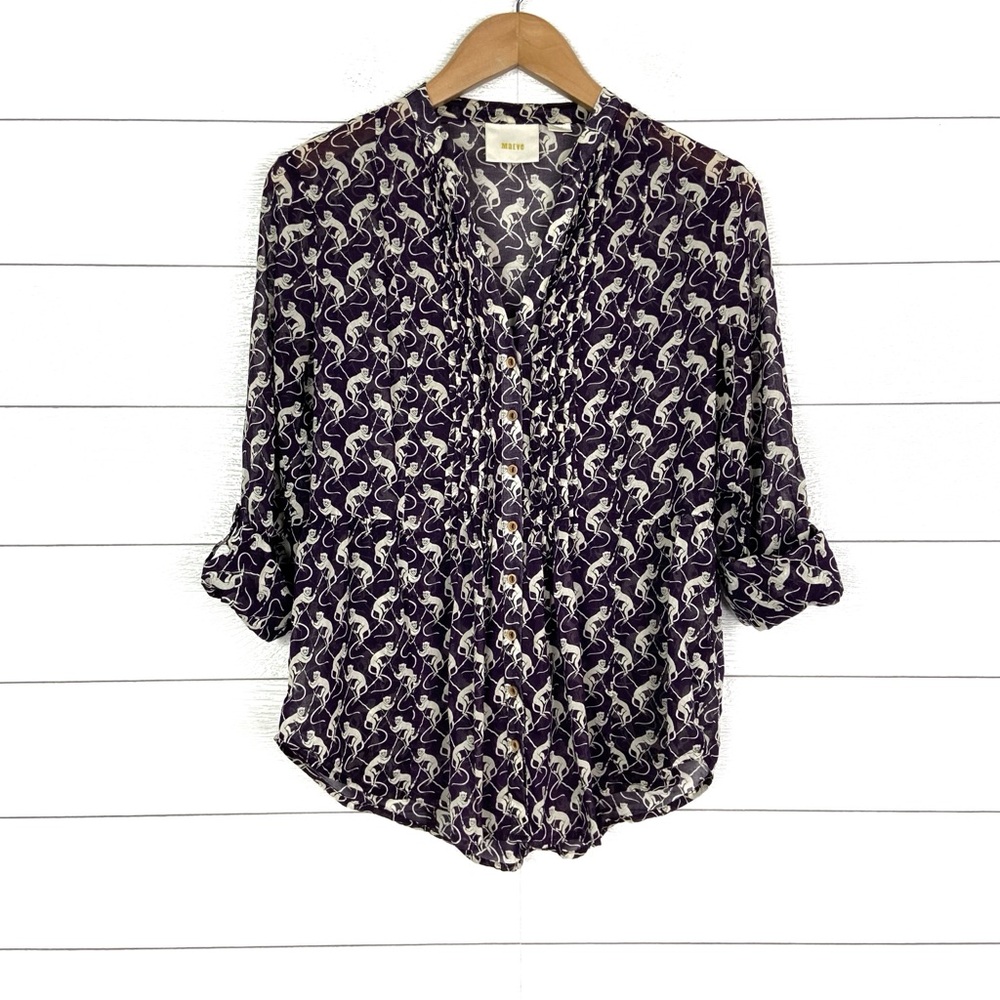 MAEVE Anthropologie Monkey Animal Print Button Up Pintuck Shirt 6